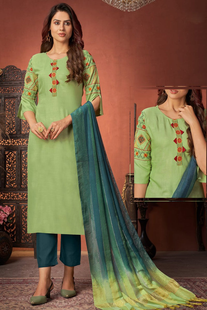 Sea Green Color Casual Wear Embroidered Art Silk Fabric Readymade Straight Cut Suit