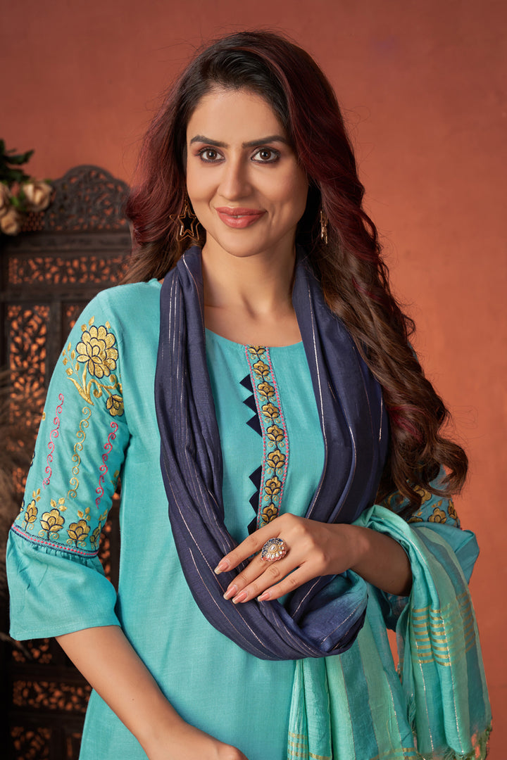 Cyan Color Art Silk Fabric Festive Wear Embroidered Readymade Straight Cut Suit