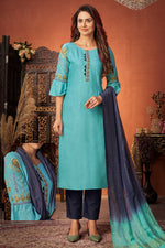 Load image into Gallery viewer, Cyan Color Art Silk Fabric Festive Wear Embroidered Readymade Straight Cut Suit
