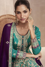 Load image into Gallery viewer, Cyan Color Art Silk Fabric Embroidered Readymade Palazzo Suit
