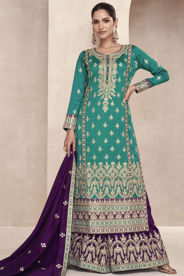 Cyan Color Art Silk Fabric Embroidered Readymade Palazzo Suit