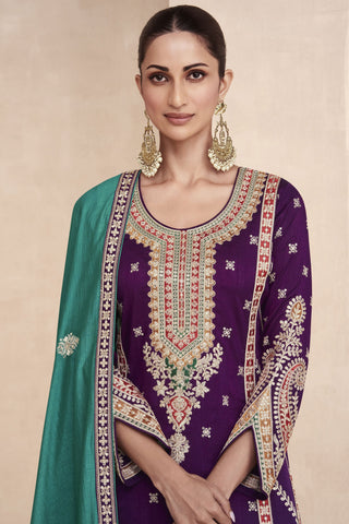 Art Silk Fabric Embroidered Designer Readymade Palazzo Suit In Purple Color