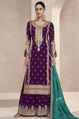 Art Silk Fabric Embroidered Designer Readymade Palazzo Suit In Purple Color