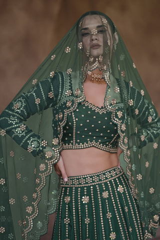 Dark Green Color Readymade Embroidered Lehenga Choli In Chinon Silk Fabric