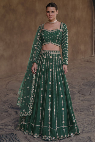 Dark Green Color Readymade Embroidered Lehenga Choli In Chinon Silk Fabric