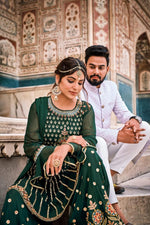 Load image into Gallery viewer, Reception Wear Georgette Fabric Dark Green Color Embroidered Designer Gharara Suit
