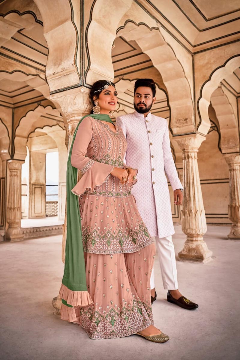 Georgette Fabric Embroidered Festive Wear Designer Gharara Suit In Peach Color