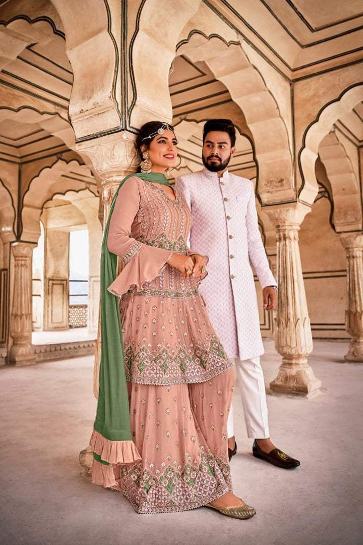 Georgette Fabric Embroidered Festive Wear Designer Gharara Suit In Peach Color