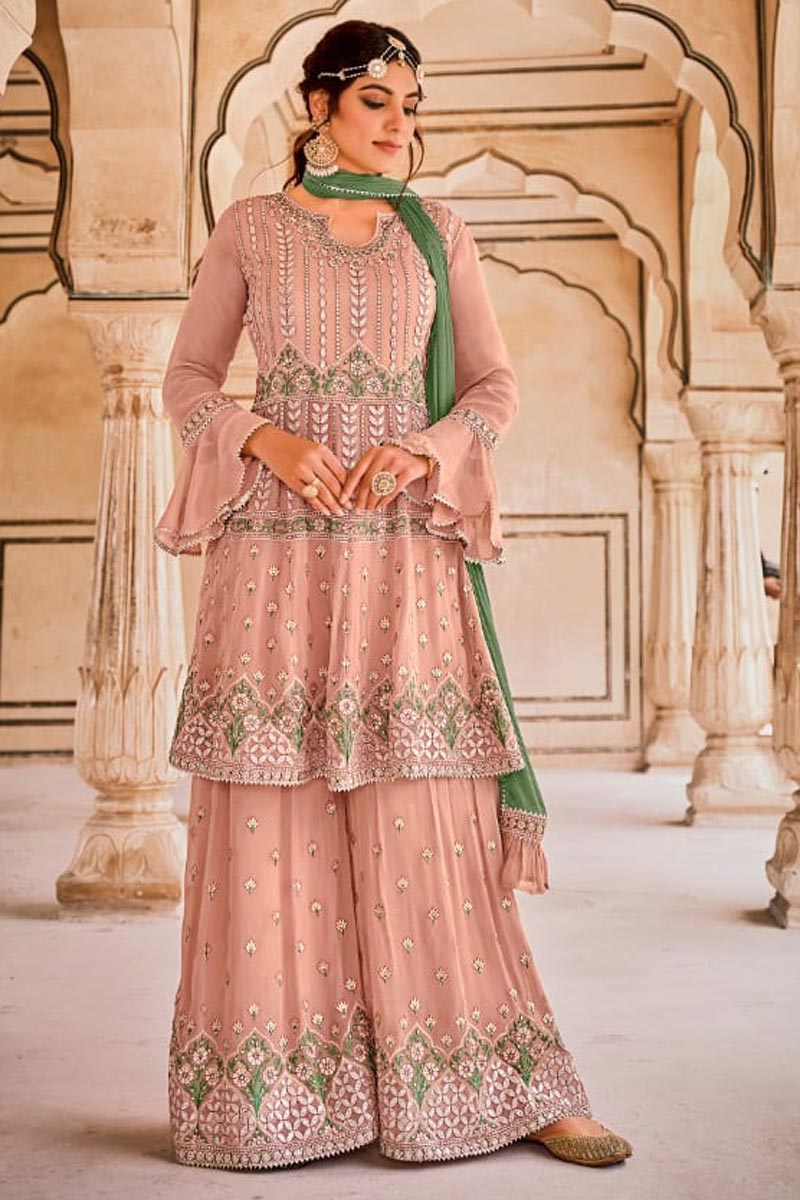 Georgette Fabric Embroidered Festive Wear Designer Gharara Suit In Peach Color