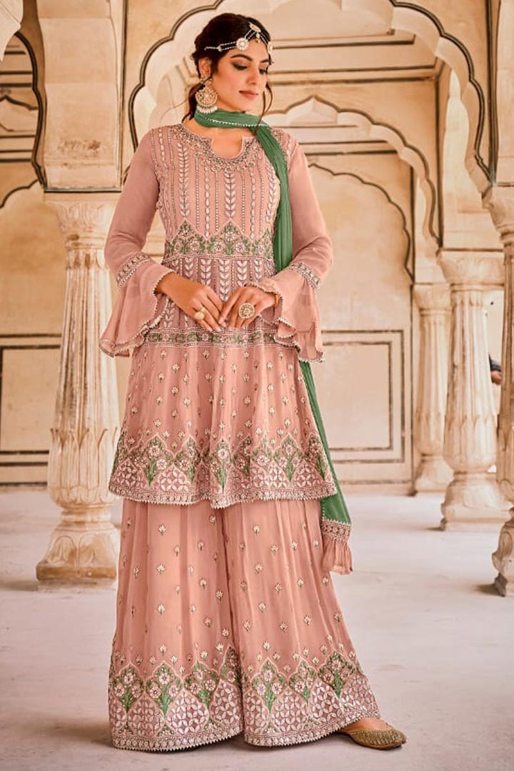 Georgette Fabric Embroidered Festive Wear Designer Gharara Suit In Peach Color