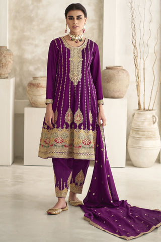 Diwali Special Art Silk Fabric Purple Color Embroidered Readymade Designer Salwar Suit