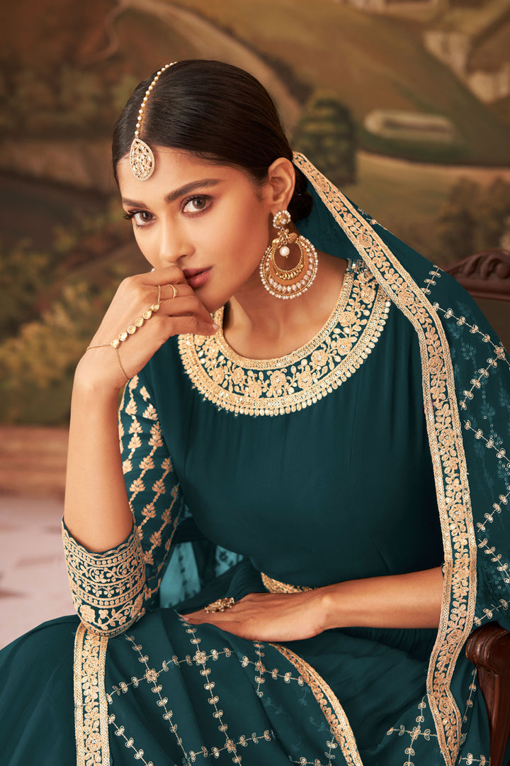 Teal Color Function Wear Embroidered Georgette Fabric Anarkali Suit