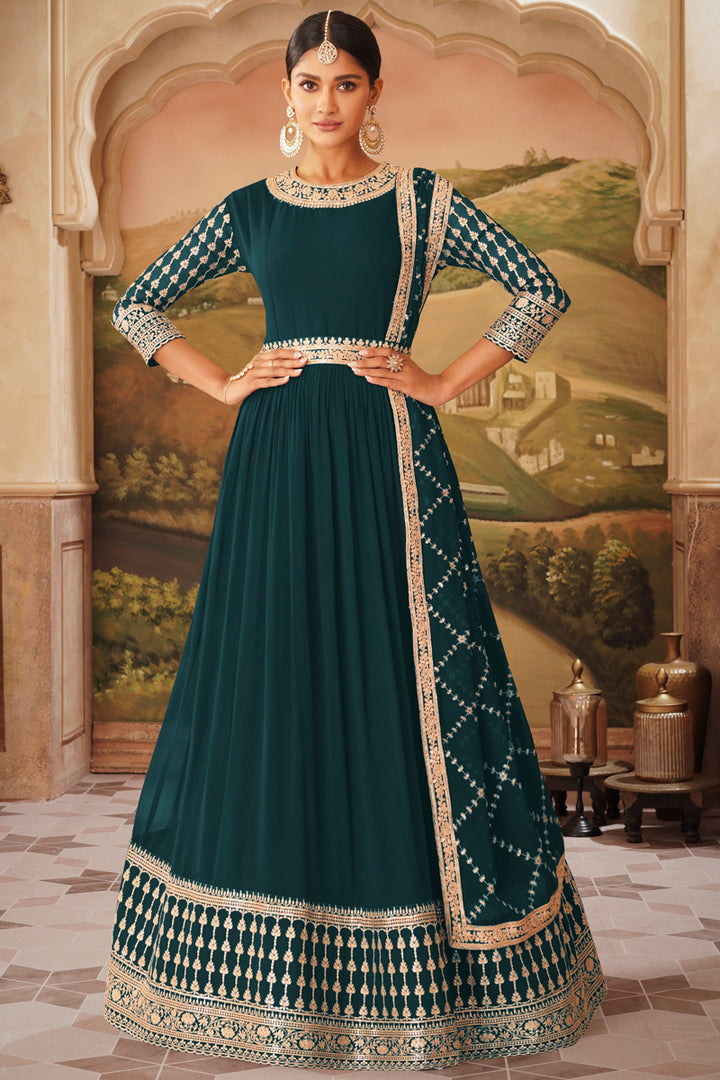Teal Color Function Wear Embroidered Georgette Fabric Anarkali Suit