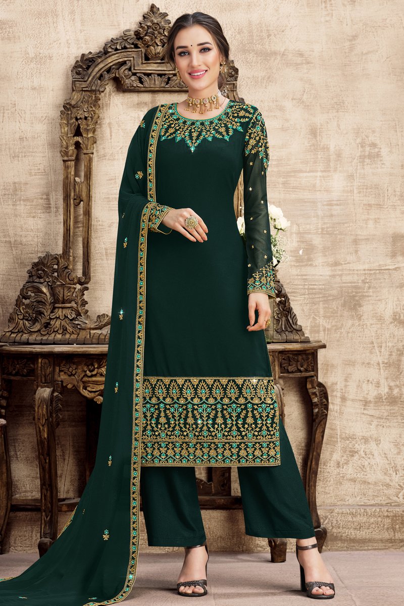 Dark Green Color Georgette Fabric Fancy Embroidered Function Wear Palazzo Suit