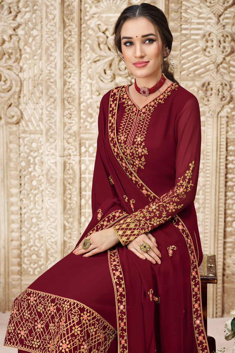 Georgette Fabric Embroidered Festive Wear Palazzo Suit In Maroon Color