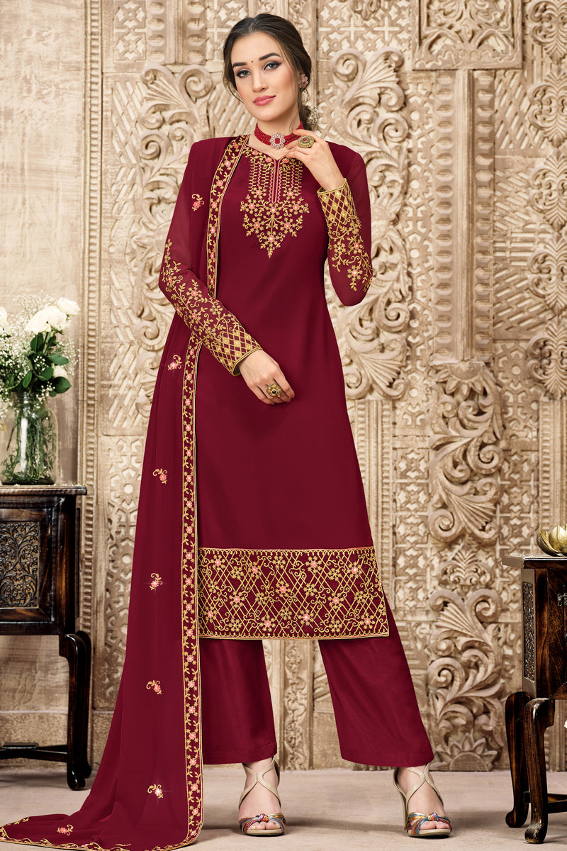Georgette Fabric Embroidered Festive Wear Palazzo Suit In Maroon Color