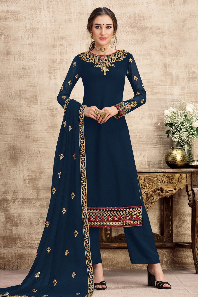 Navy Blue Color Function Wear Embroidered Georgette Fabric Palazzo Suit | Buy Online India