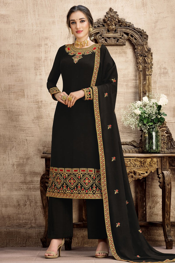 Georgette Fabric Party Wear Black Color Embroidered Palazzo Suit