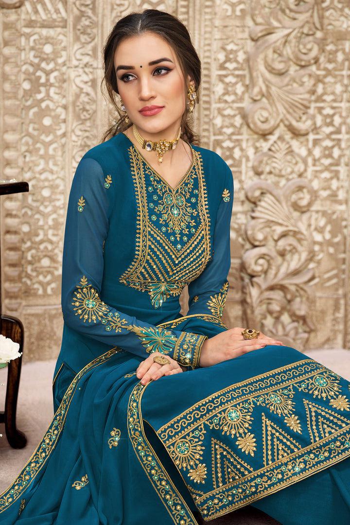 Teal Color Georgette Fabric Function Wear Embroidered Palazzo Suit