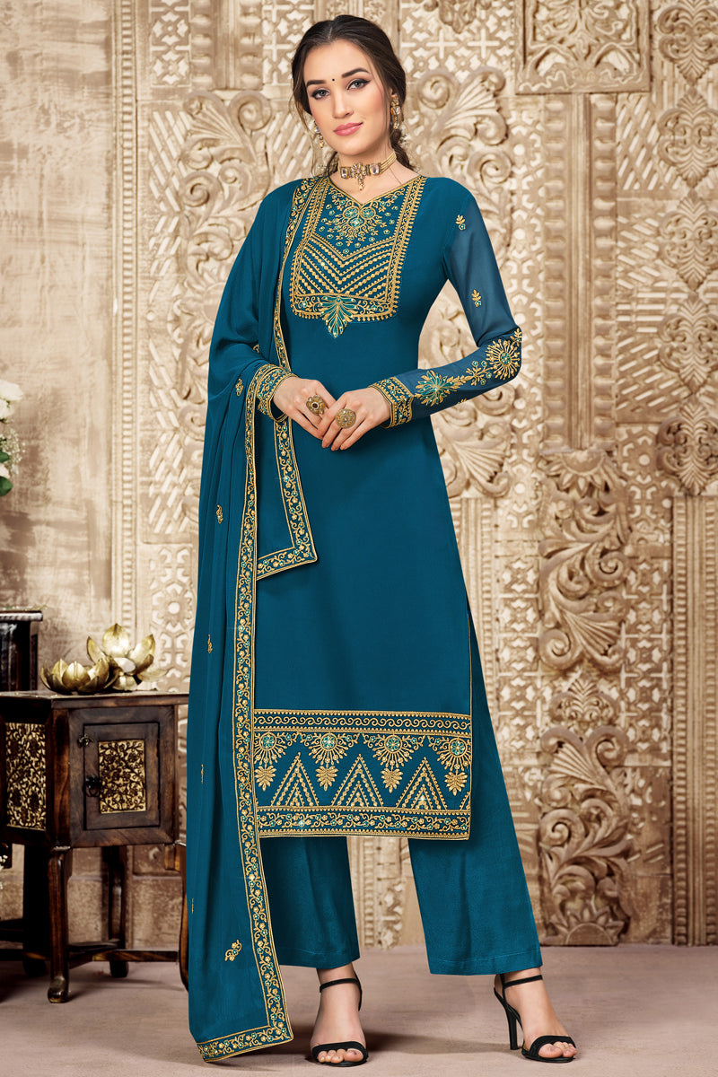 Teal Color Georgette Fabric Function Wear Embroidered Palazzo Suit