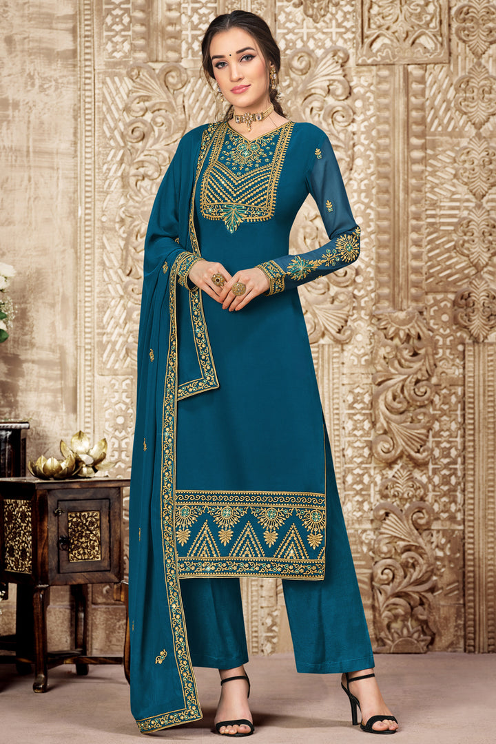 Teal Color Georgette Fabric Function Wear Embroidered Palazzo Suit