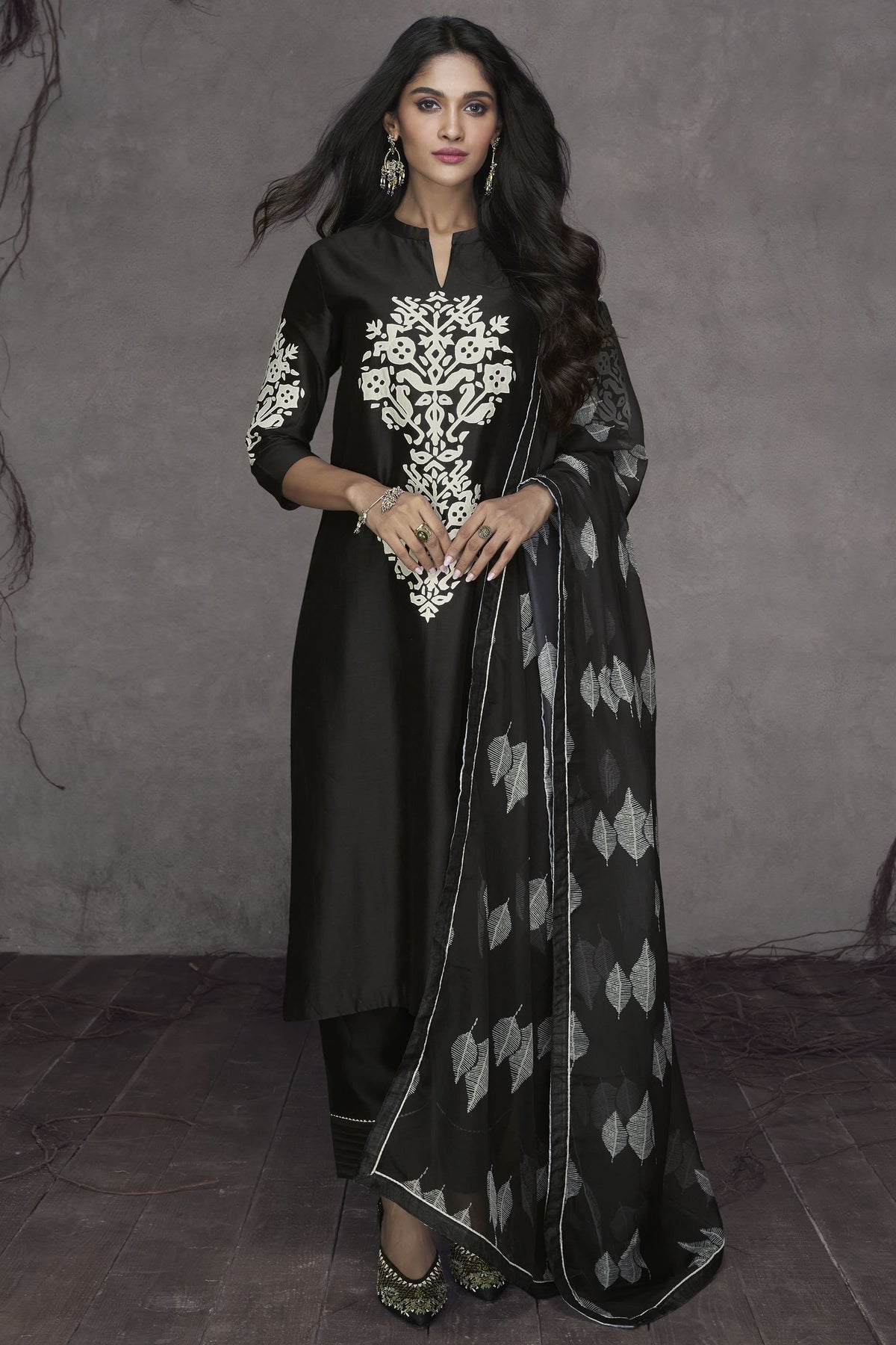 Black Color Embroidered Readymade Designer Salwar Suit In Art Silk Fabric