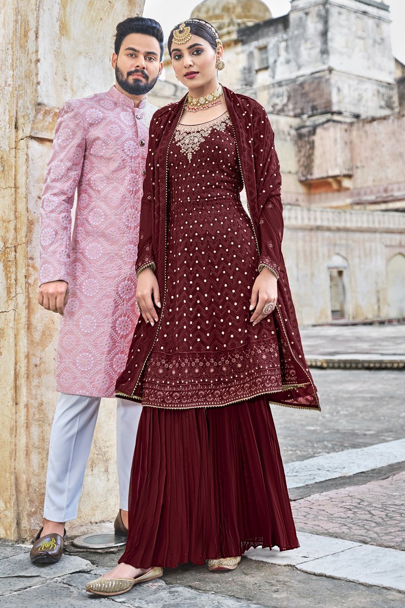 Embroidered Maroon Color Garara Salwar Kameez In Georgette Fabric