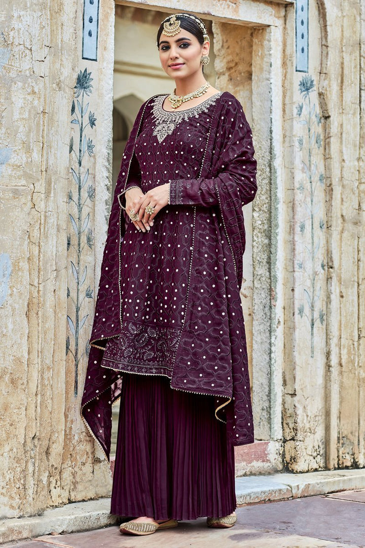 Purple Color Embroidered Garara Style Suit In Georgette Fabric