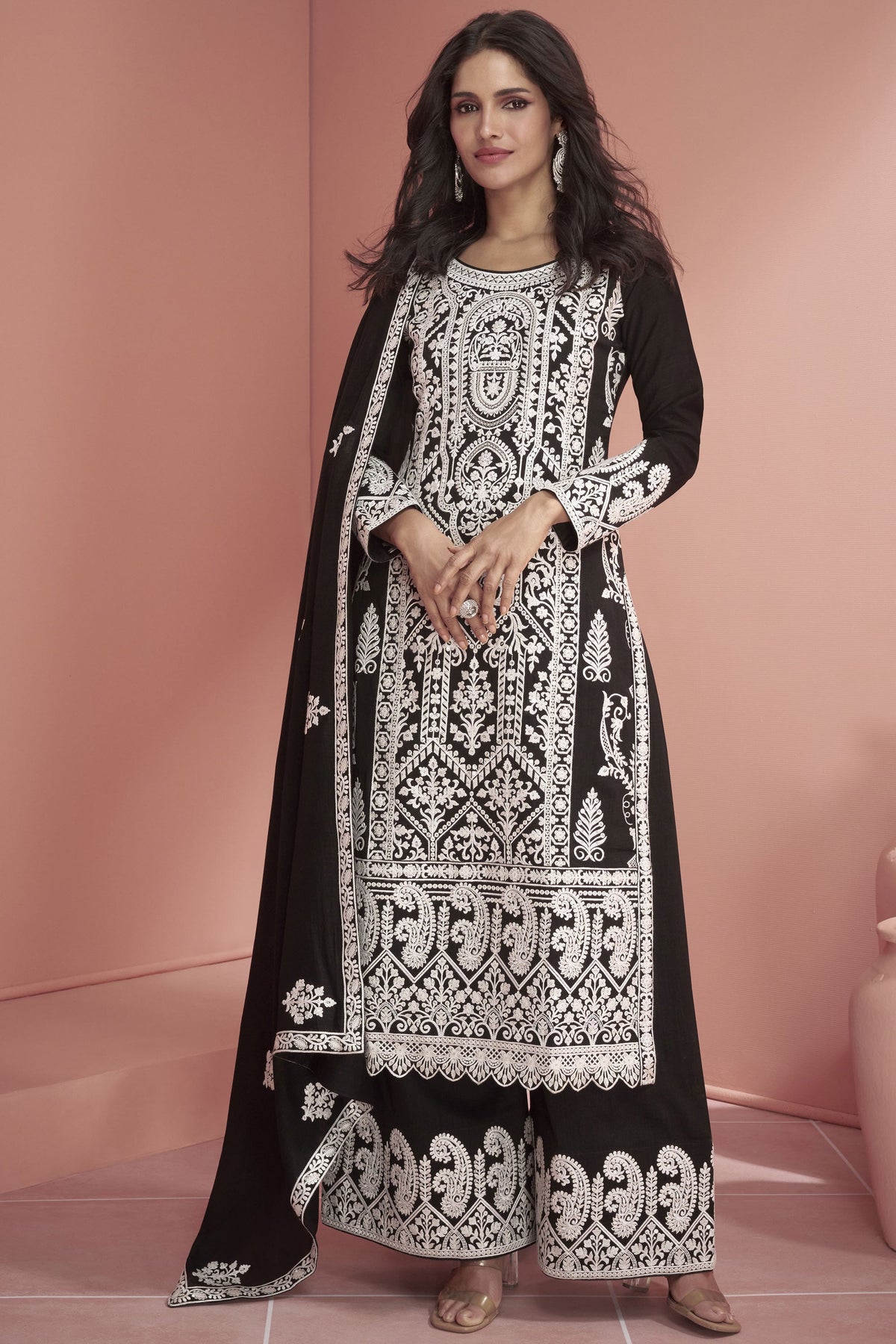 Vartika Singh Trendy Readymade Black Palazzo Suit In Art Silk Fabric