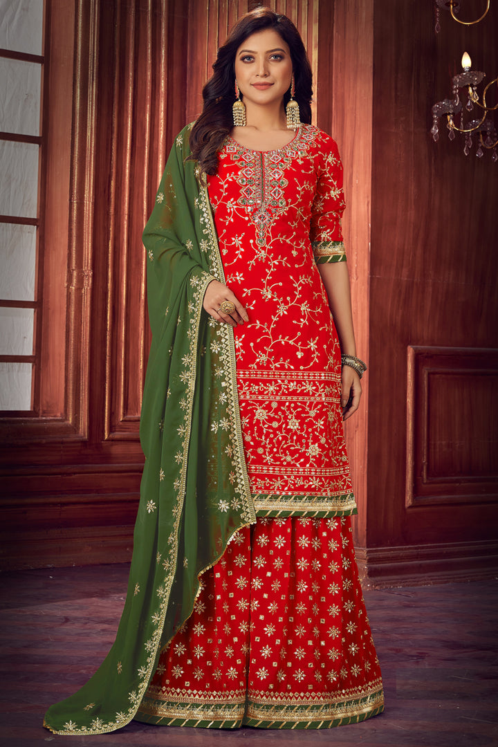 Georgette Fabric Function Wear Embroidered Palazzo Suit In Red Color
