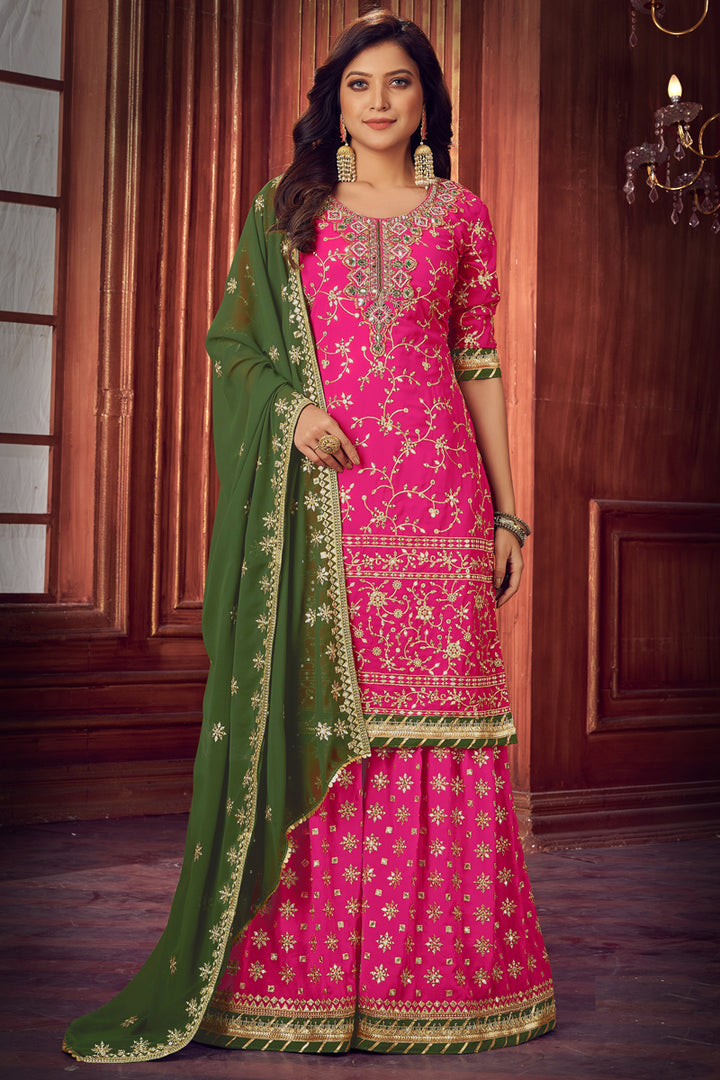 Magenta Color Georgette Fabric Function Wear Embroidered Palazzo Suit