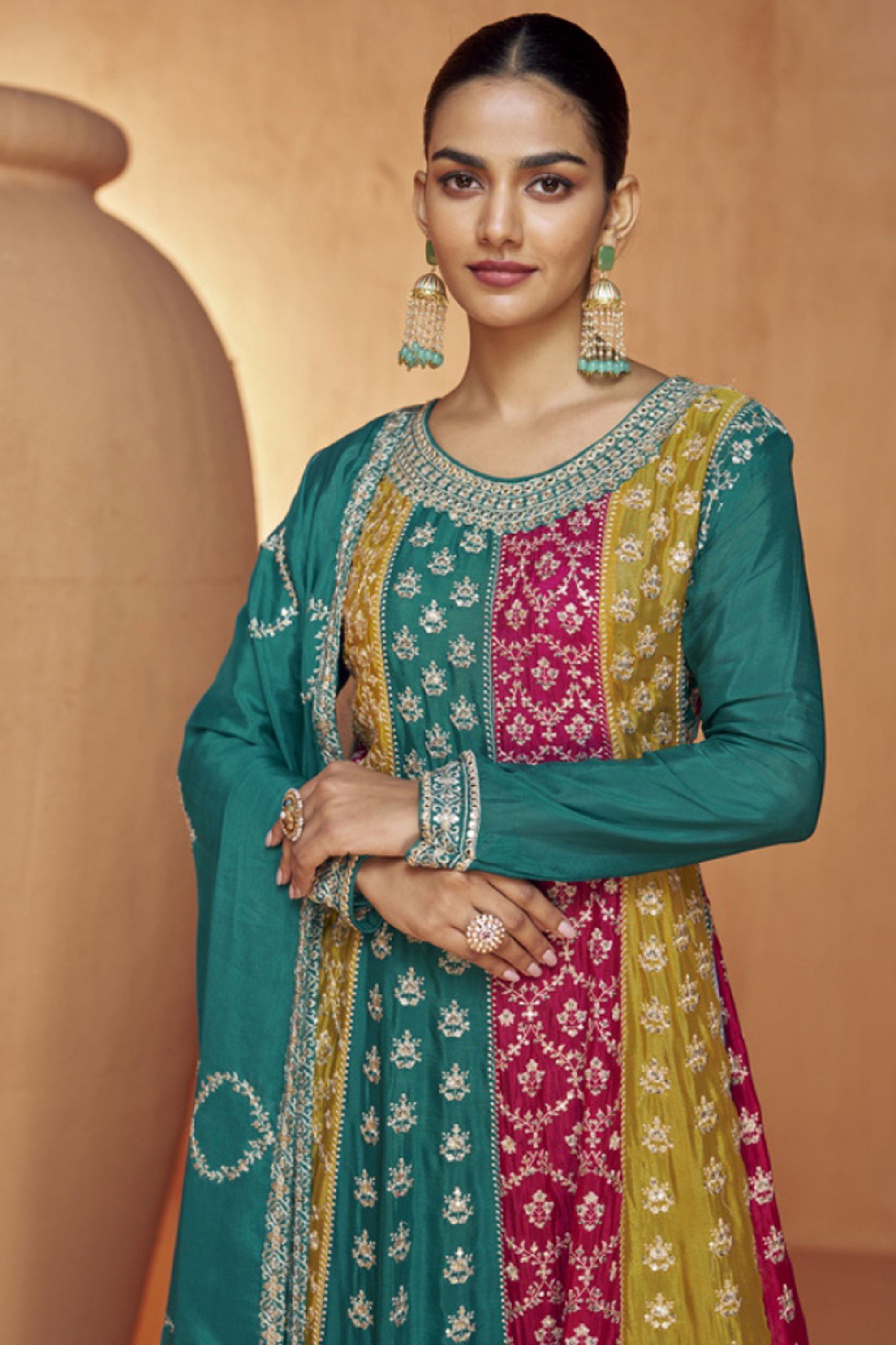 Delight Teal Color Embroidered Readymade Chinon Fabric Palazzo Salwar Kameez