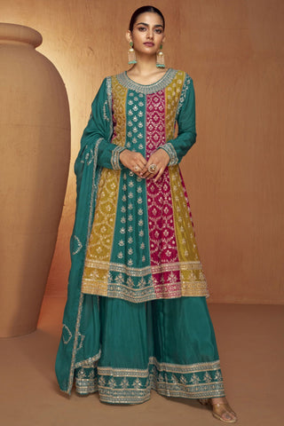 Delight Teal Color Embroidered Readymade Chinon Fabric Palazzo Salwar Kameez