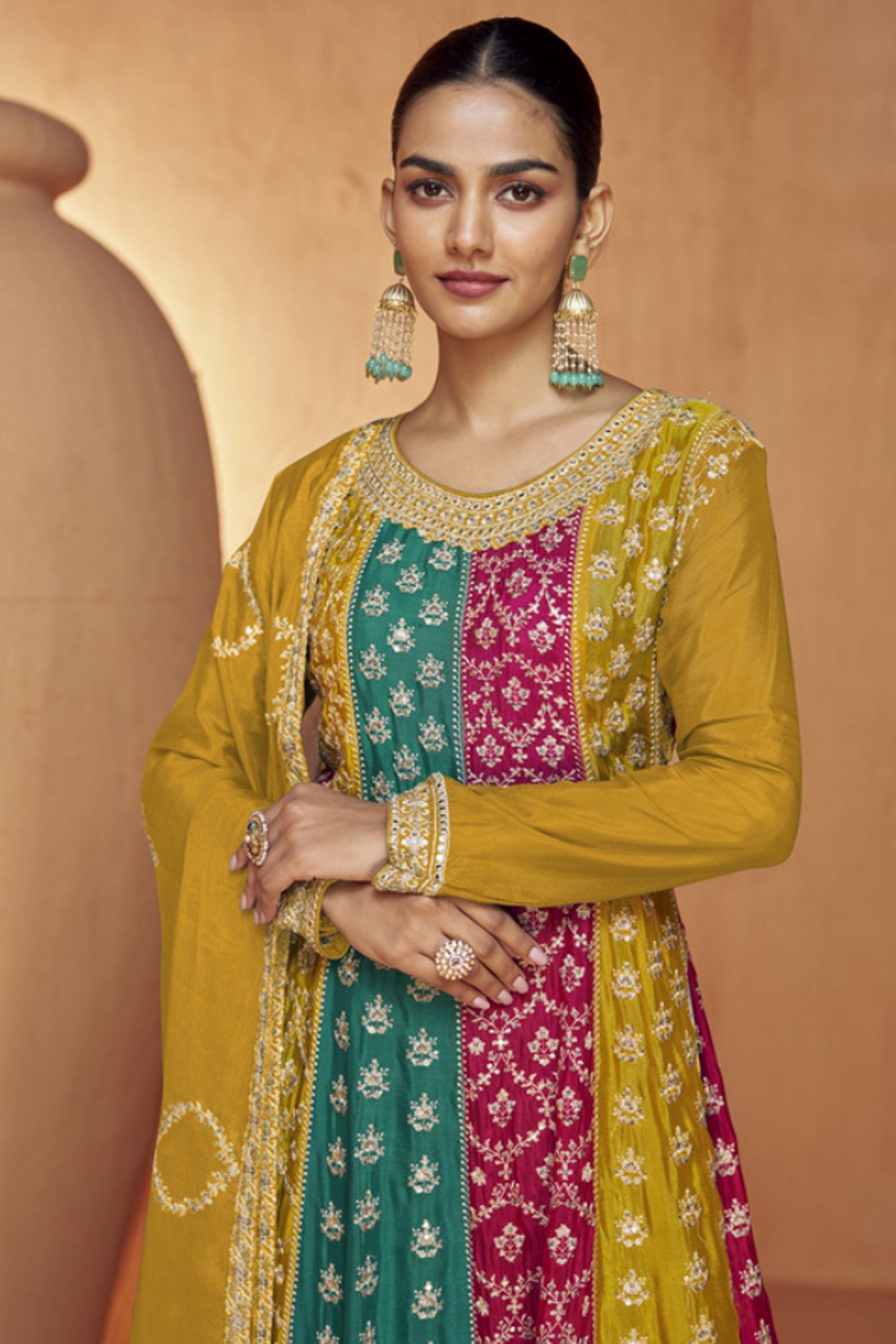 Chinon Fabric Embroidered Mustard Color Exclusive Readymade Palazzo Suit