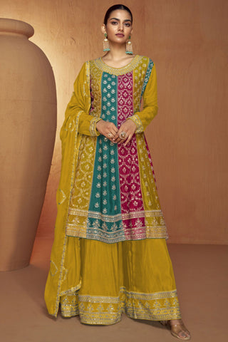 Chinon Fabric Embroidered Mustard Color Exclusive Readymade Palazzo Suit