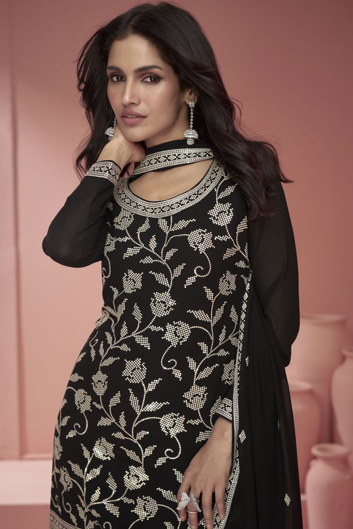Vartika Singh Charming Black Color Georgette Fabric Readymade Palazzo Suit