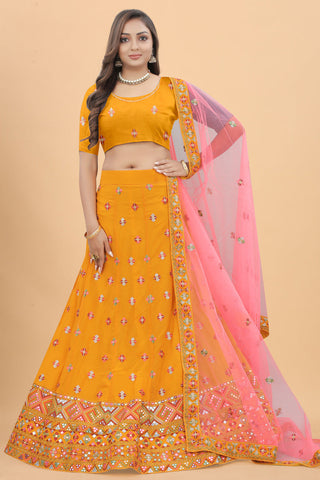 Georgette Fabric Yellow Color Stunning Sangeet Wear Lehenga