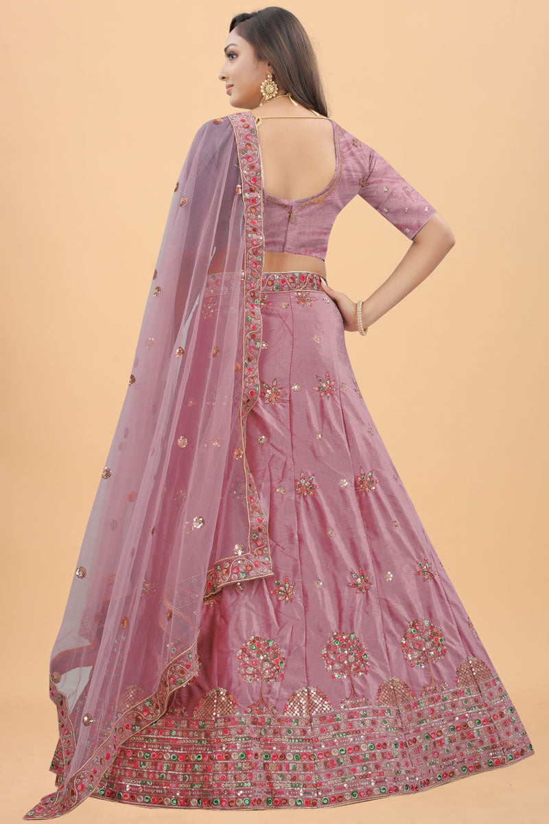 Pink Color Adorming Sangeet Wear Velvet Lehenga With Embroidered Work