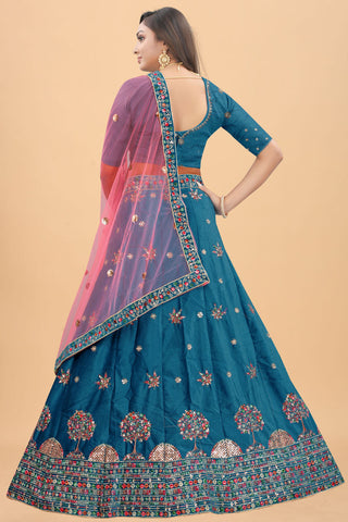 Teal Color Embroidered Work Sangeet Wear Winsome Velvet Lehenga