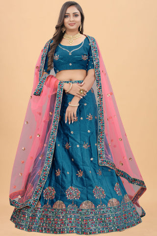 Teal Color Embroidered Work Sangeet Wear Winsome Velvet Lehenga