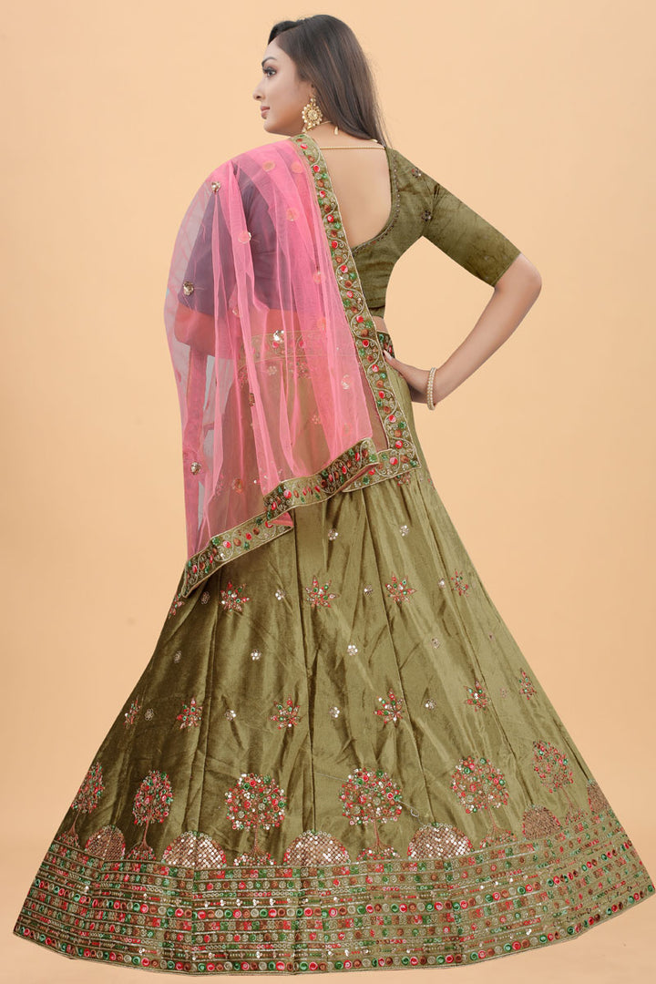 Mehendi Green Color Embroidered Designs On Sangeet Wear Divine Velvet Lehenga