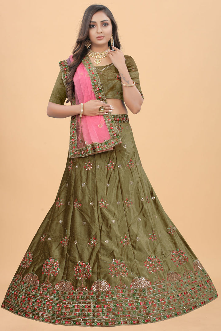 Mehendi Green Color Embroidered Designs On Sangeet Wear Divine Velvet Lehenga