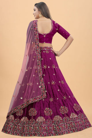 Embroidered Designs Purple Color Sangeet Wear Mesmeric Velvet Lehenga