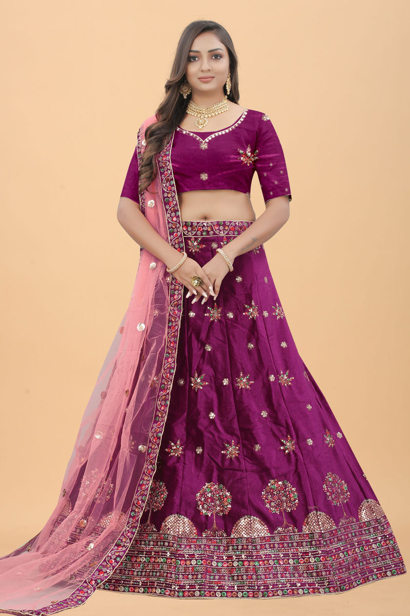 Embroidered Designs Purple Color Sangeet Wear Mesmeric Velvet Lehenga