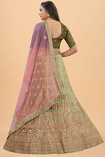 Load image into Gallery viewer, Embroidered Designs On Sangeet Wear Beatific Velvet Lehenga In Olive Color
