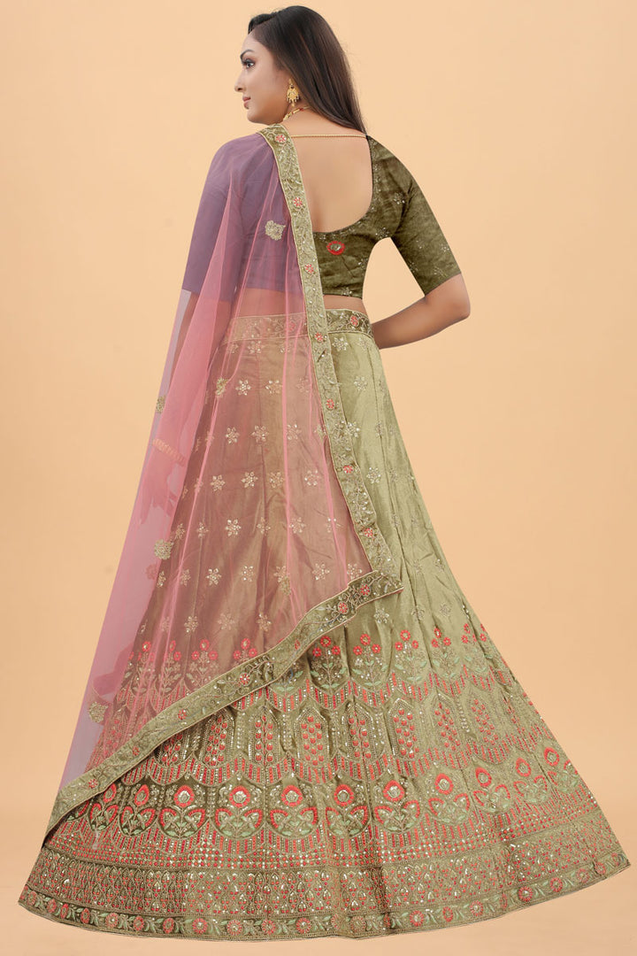 Embroidered Designs On Sangeet Wear Beatific Velvet Lehenga In Olive Color