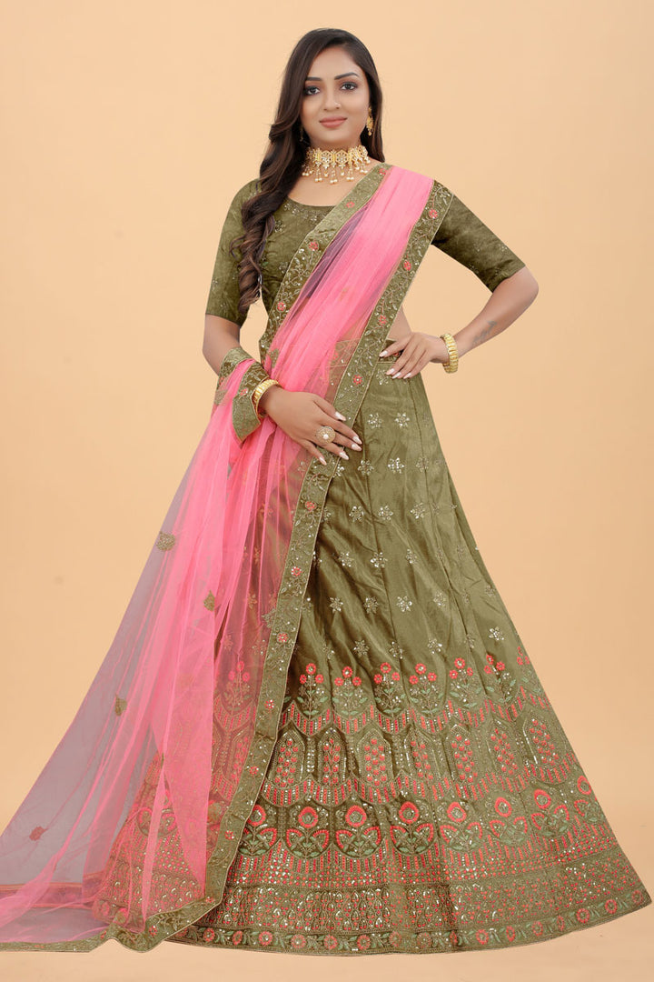 Embroidered Designs On Sangeet Wear Beatific Velvet Lehenga In Olive Color