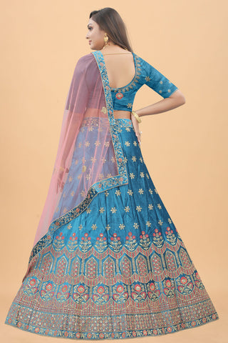 Sangeet Wear Cyan Color Embroidered Inventive Velvet Lehenga