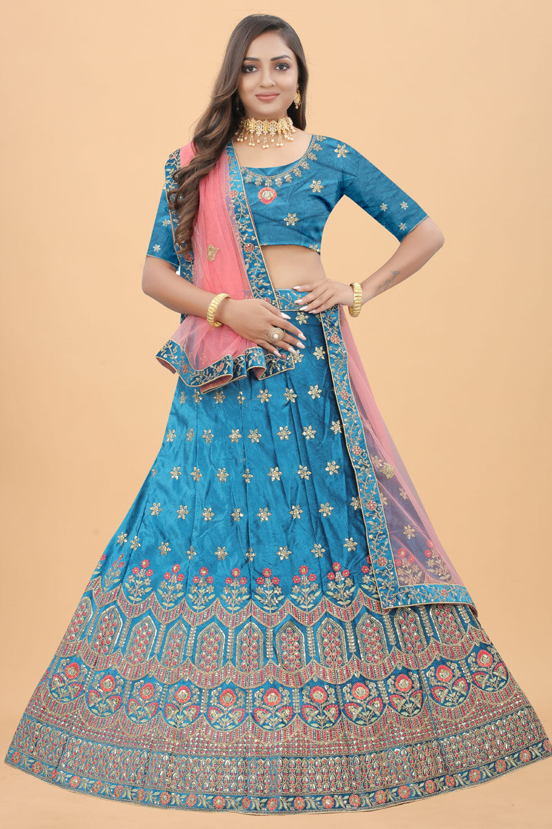 Sangeet Wear Cyan Color Embroidered Inventive Velvet Lehenga