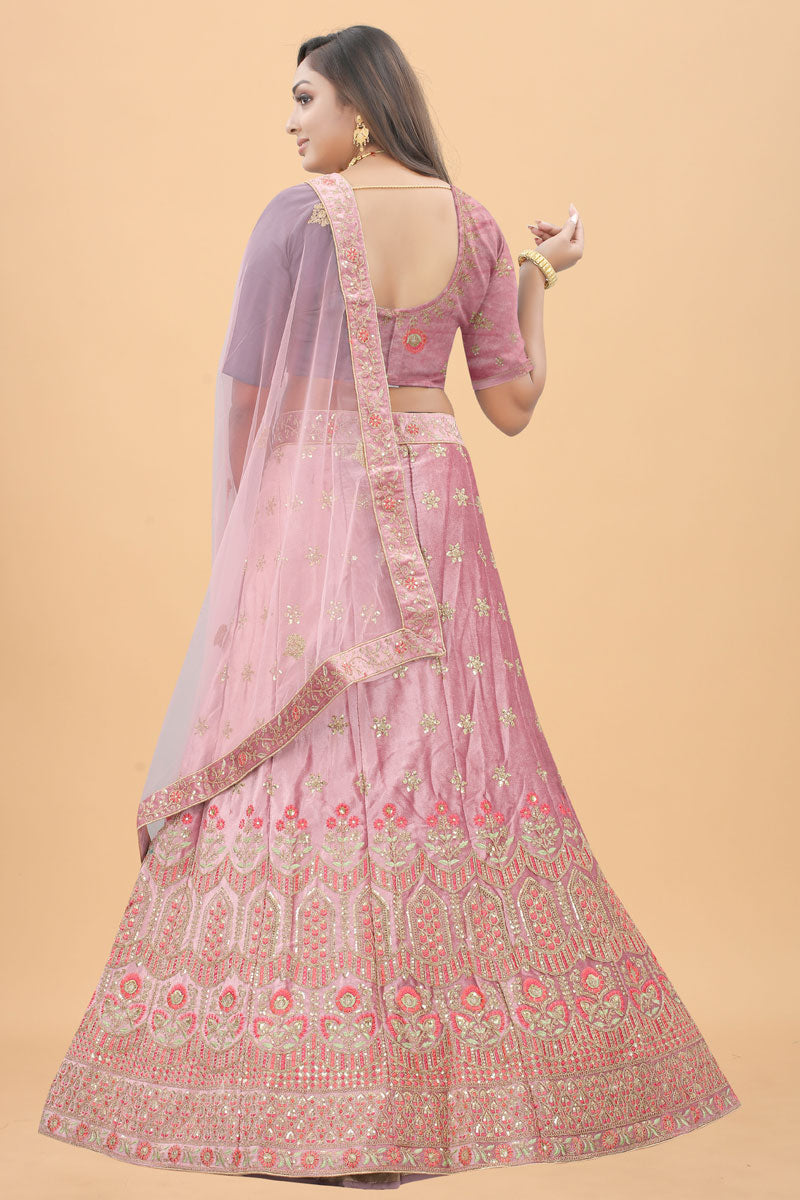 Embroidered Work Pink Color Miraculous Sangeet Wear Velvet Lehenga